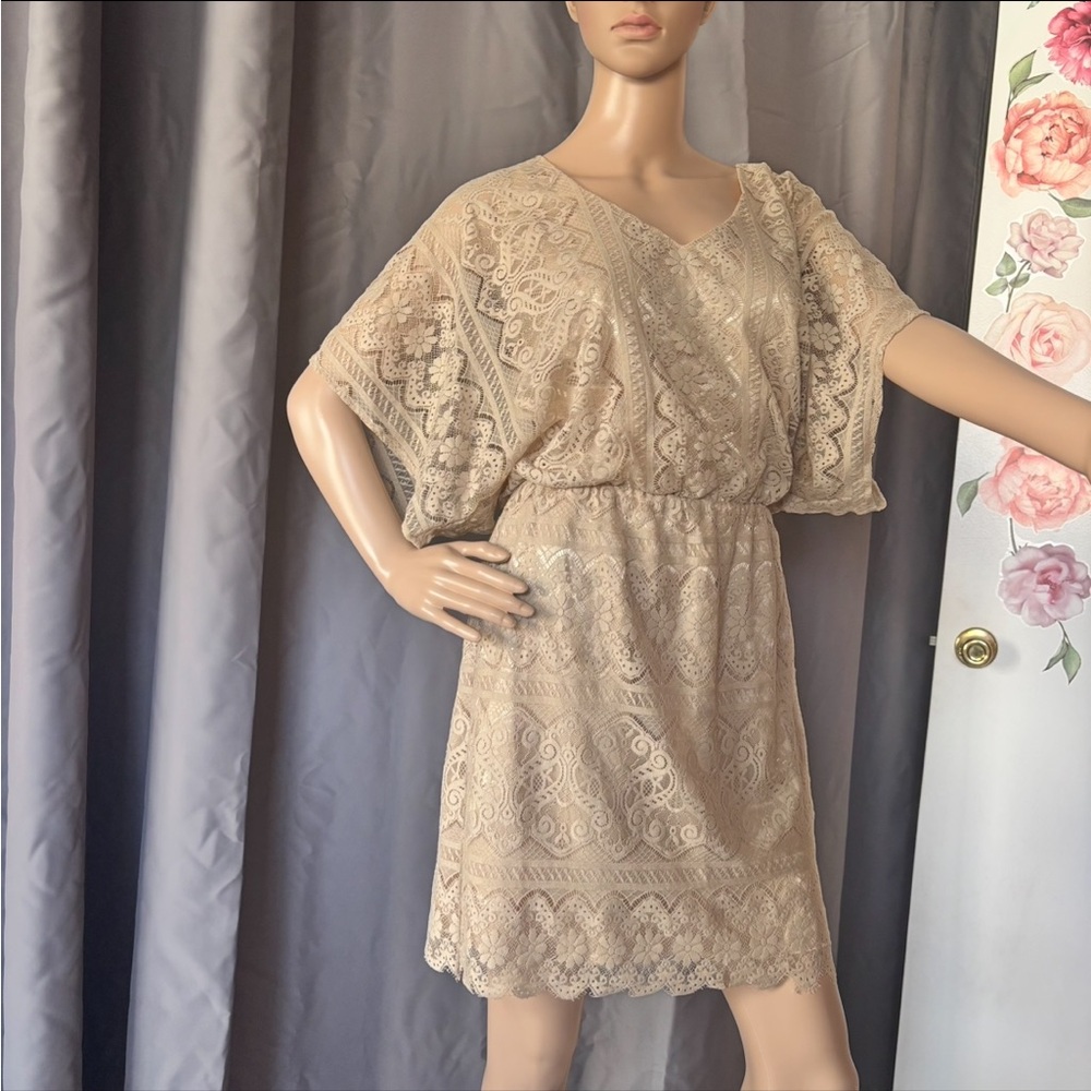 Adrianna Papell Tan Mini Sundress with Dolman Sleeves and V-neck